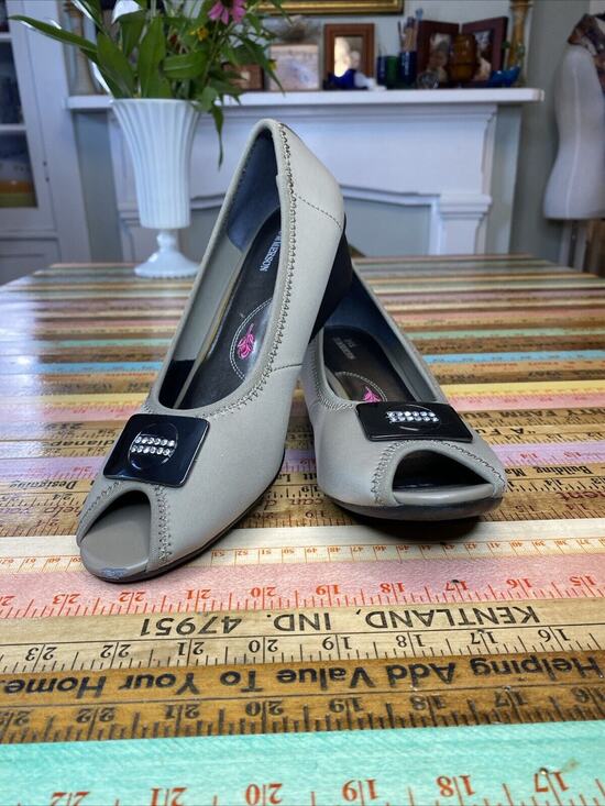 Ros Hommerson Shoes - Ros Hommerson Eloise Taupe Micro Stretch Peep Toe Shoes Size 9.5 N Rhinestone